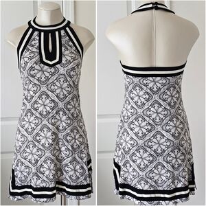V Fish Y2K Halter Mini Dress Black White Scroll Print Fit Flare Keyhole S
